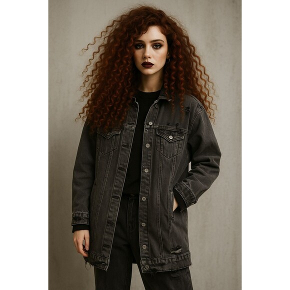 Highway Jeans Denim Black Jacket Women Size Large Distressed Oversized Long Coat - Picture 2 of 15